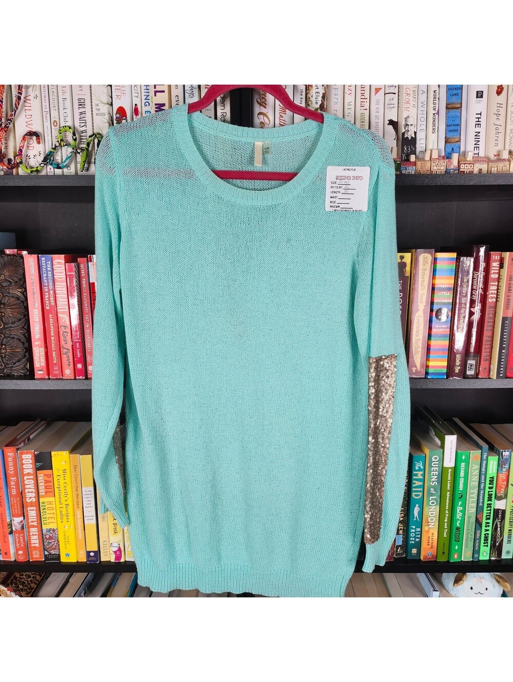 PinkBlush S/M Aqua Sequin Elbow Patch Long Tunic Sweater Cotton Blend